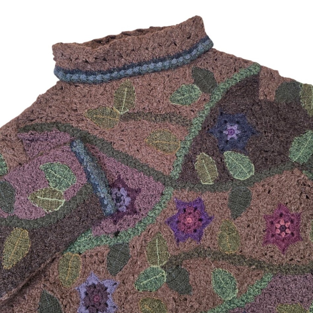 Peruvian Connection Womens L Sweater Brown Floral Alpaca Pima Cotton Crochet